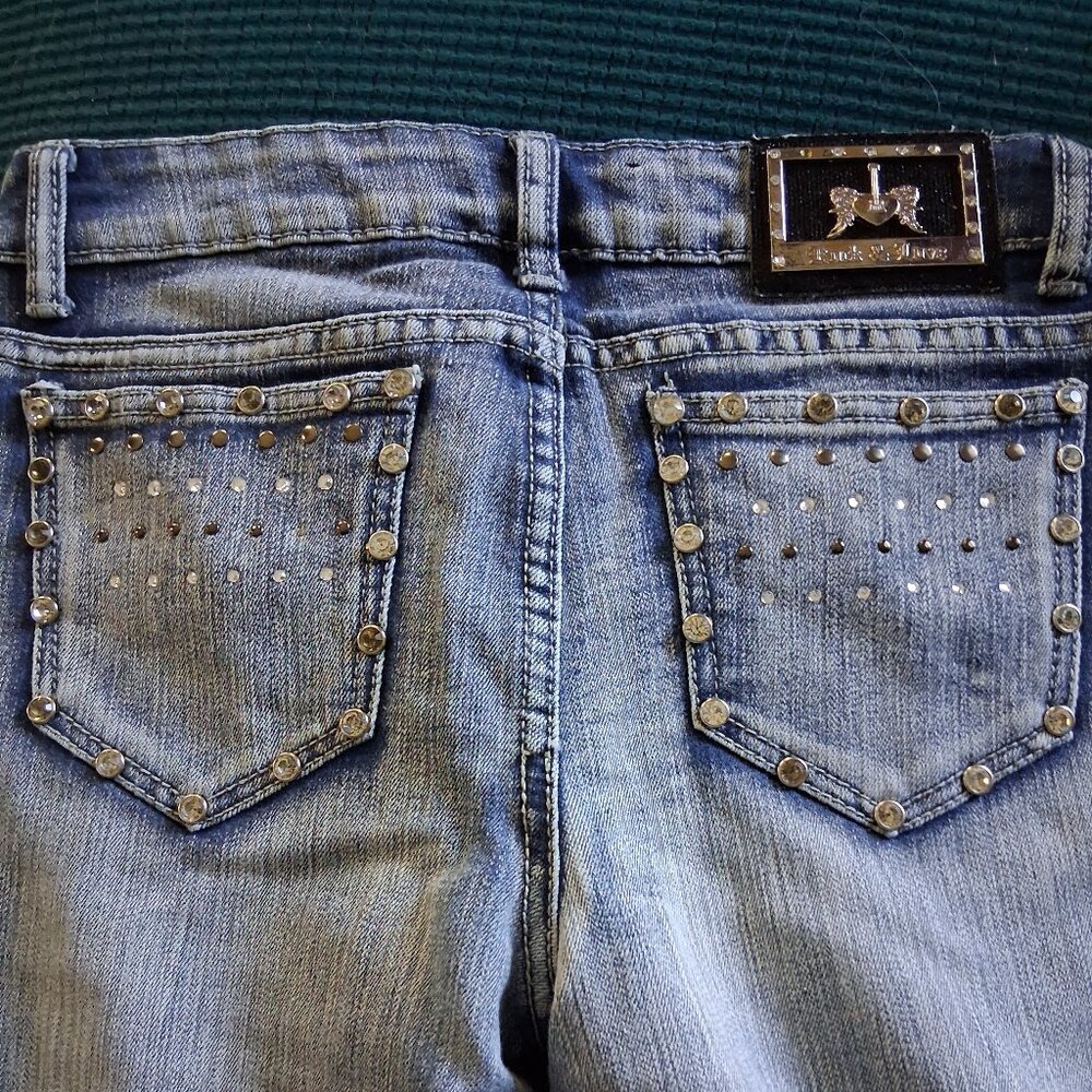 Rock & Love Womens Jr Size 5 Mid Rise Embellished Straight Ankle Length Jeans